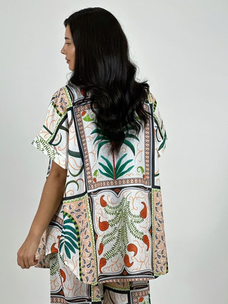 Blusa Italiana Lino Estampado Palmera y Lirios A1-243