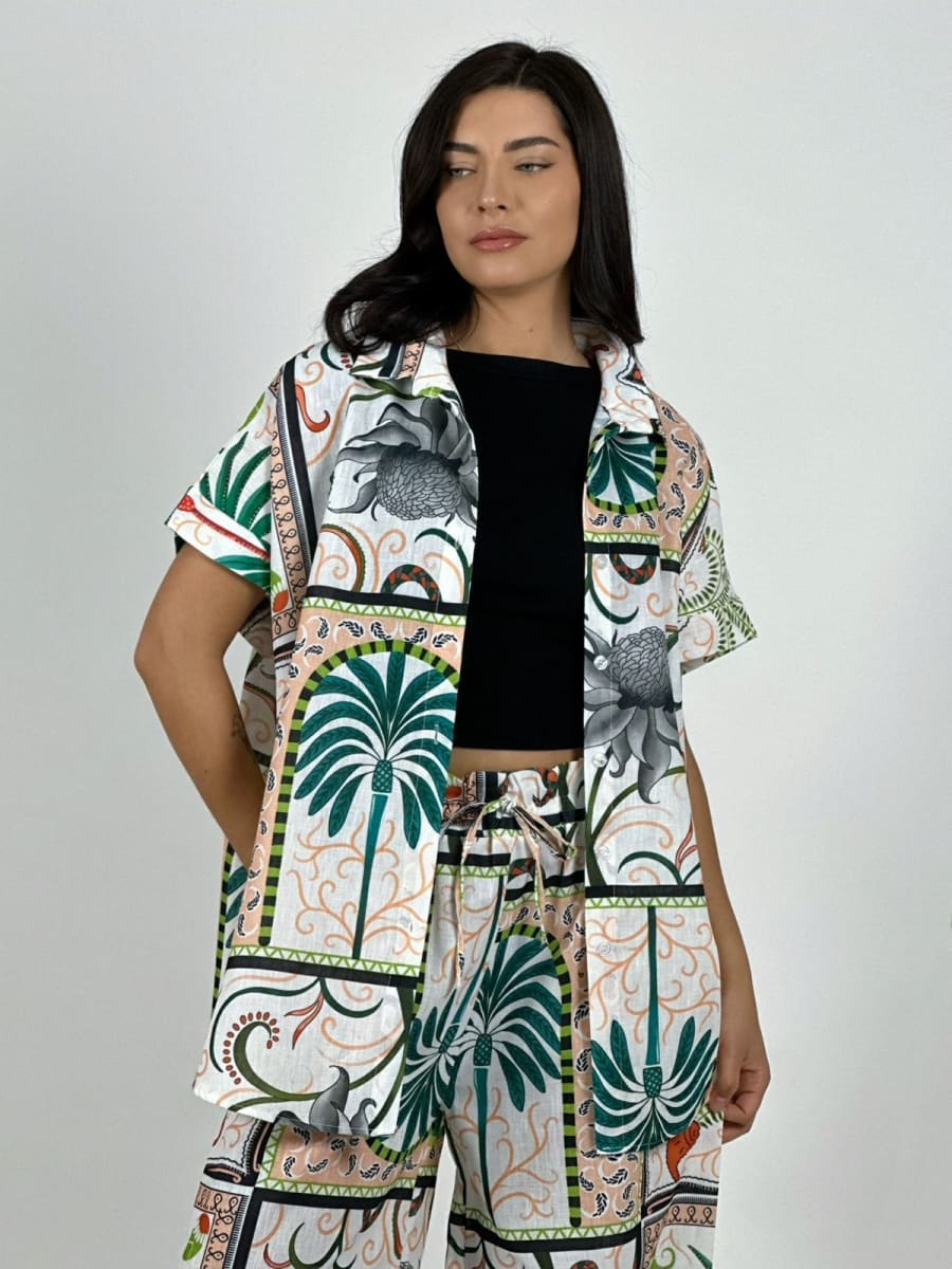 Blusa Italiana Lino Estampado Palmera y Lirios A1-241