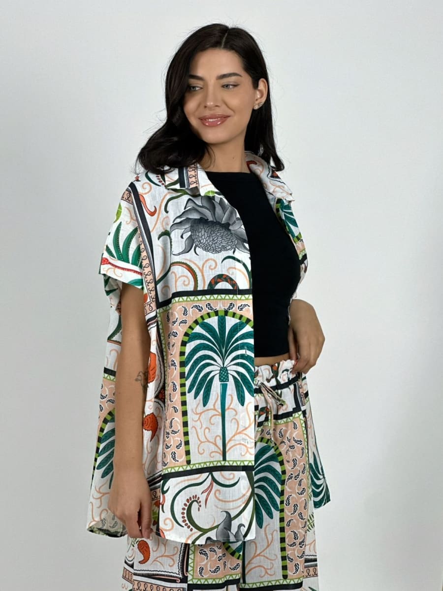 Blusa Italiana Lino Estampado Palmera y Lirios A1-242