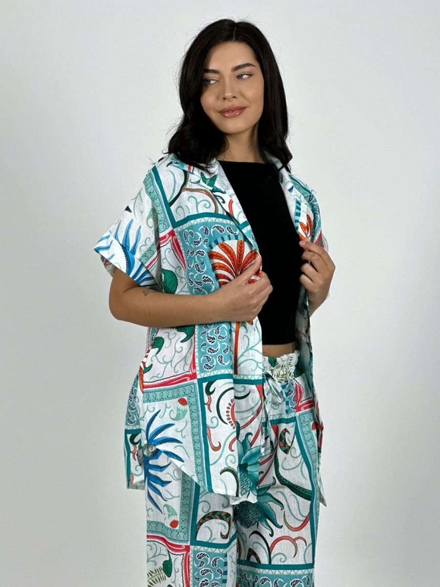 Blusa Italiana Lino Estampado Palmera y Lirios A1-244