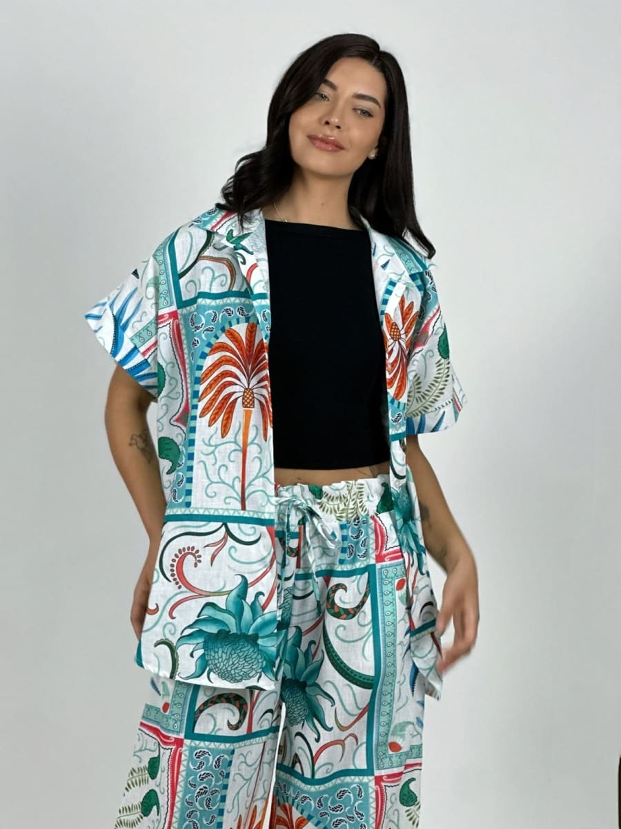 Blusa Italiana Lino Estampado Palmera y Lirios A1-245