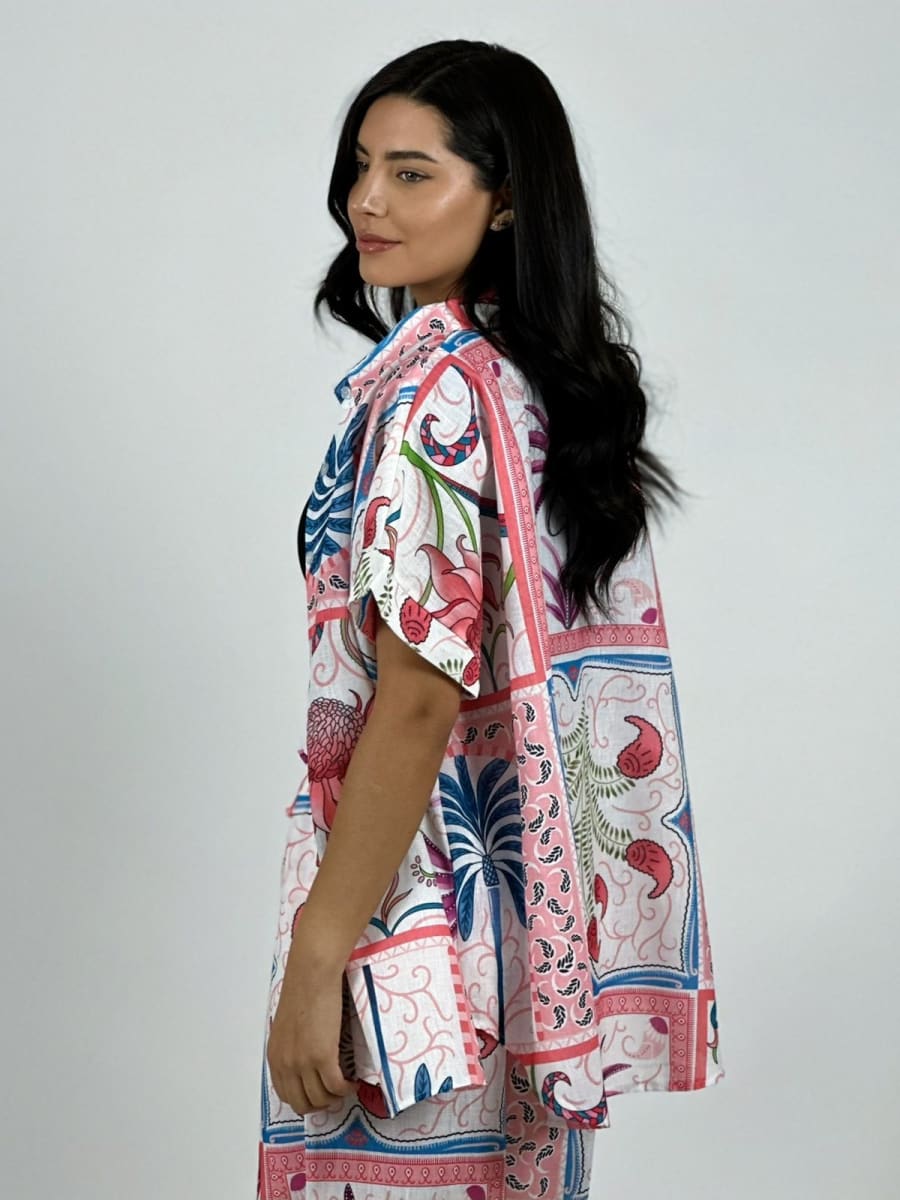 Blusa Italiana Lino Estampado Palmera y Lirios A1-247