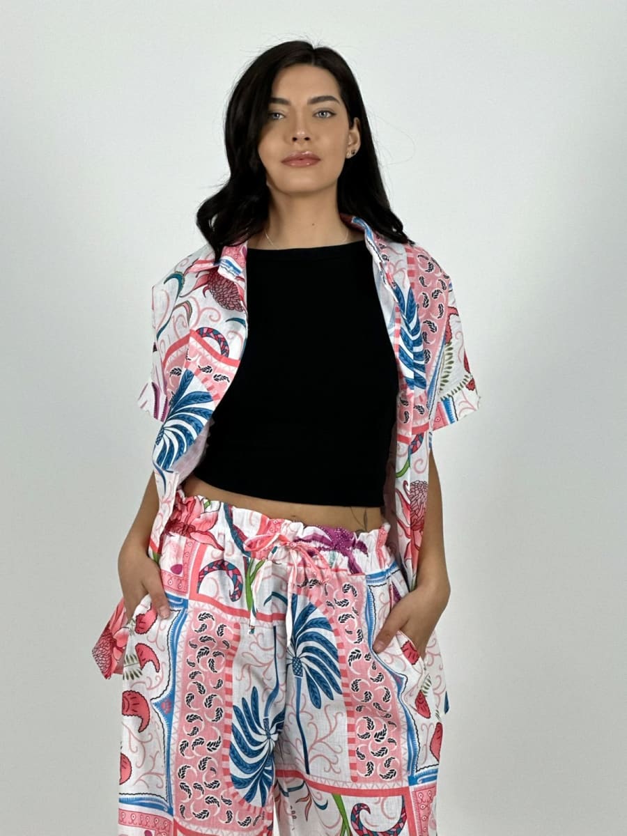 Blusa Italiana Lino Estampado Palmera y Lirios A1-246