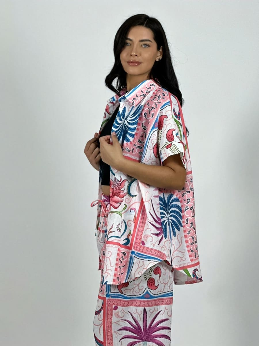 Blusa Italiana Lino Estampado Palmera y Lirios A1-248
