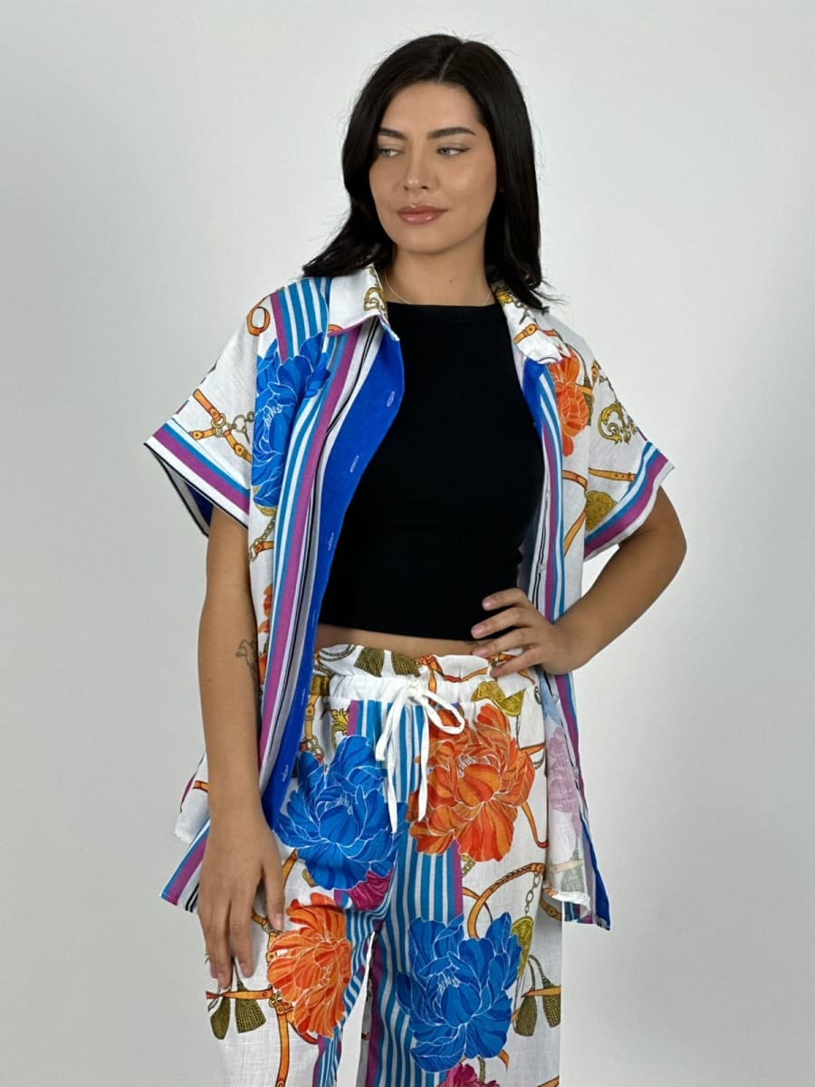 Blusa Italiana Lino Estampado Floral Colorido A1-211