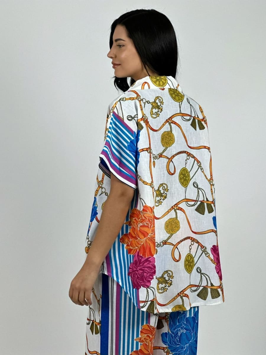 Blusa Italiana Lino Estampado Floral Colorido A1-212