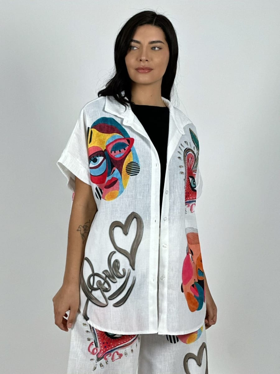Blusa Italiana Lino Retratos Abstractos LOVE A1-141