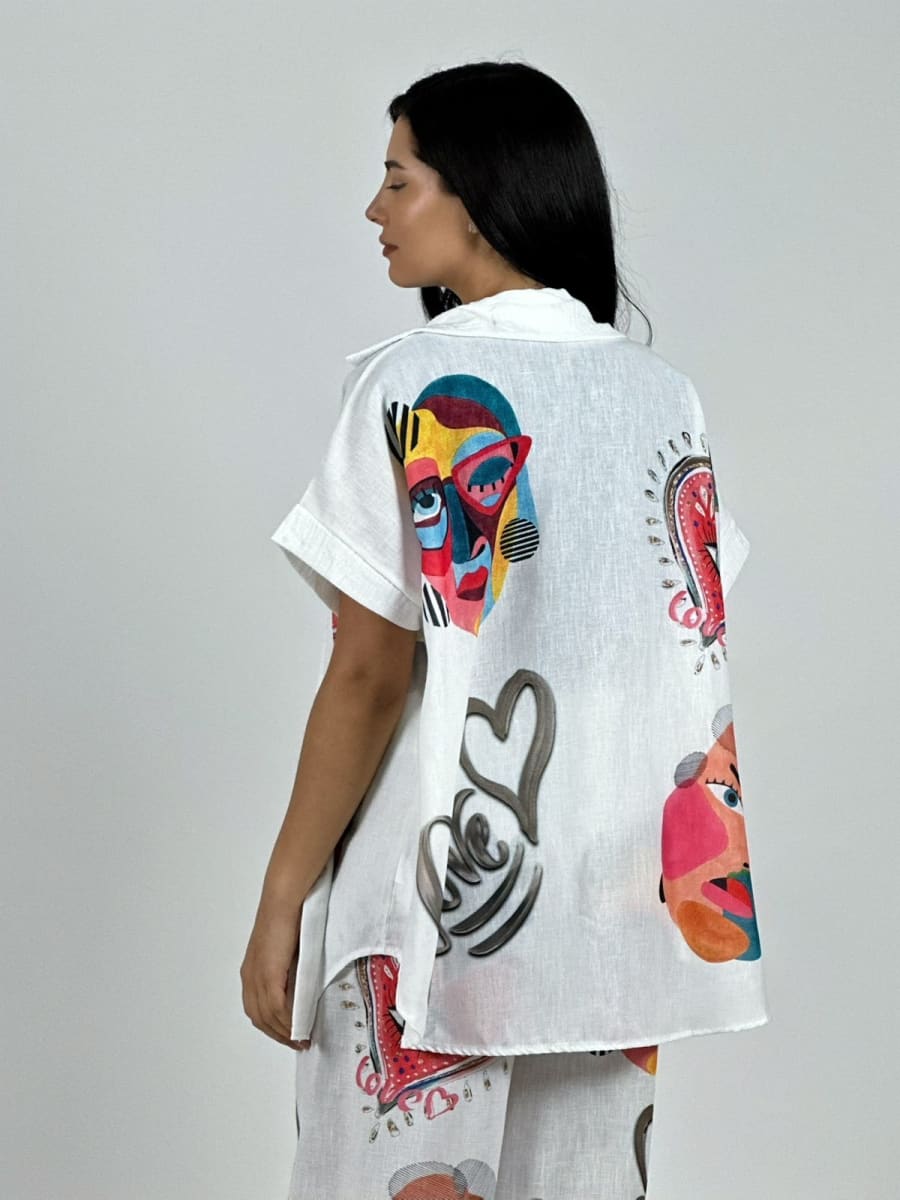 Blusa Italiana Lino Retratos Abstractos LOVE A1-143