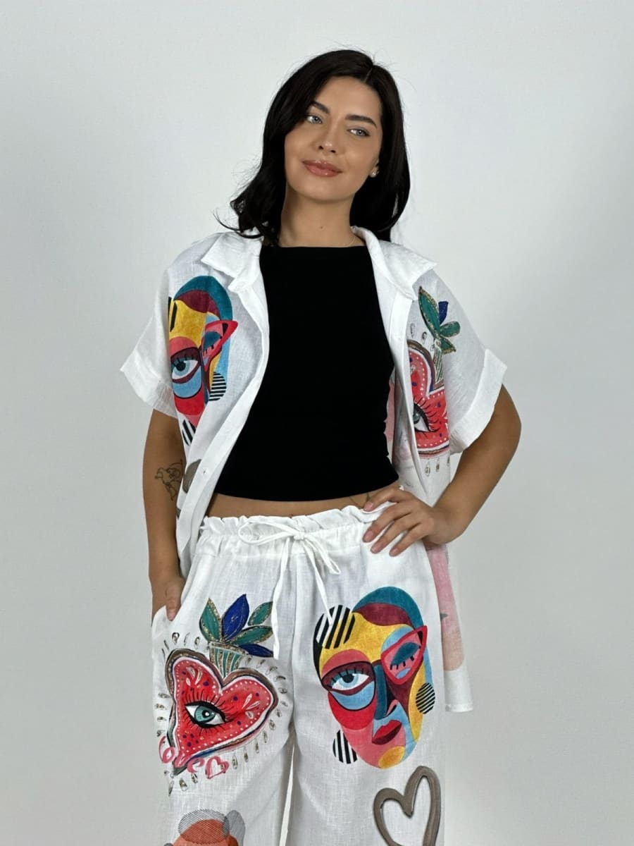 Blusa Italiana Lino Retratos Abstractos LOVE A1-142