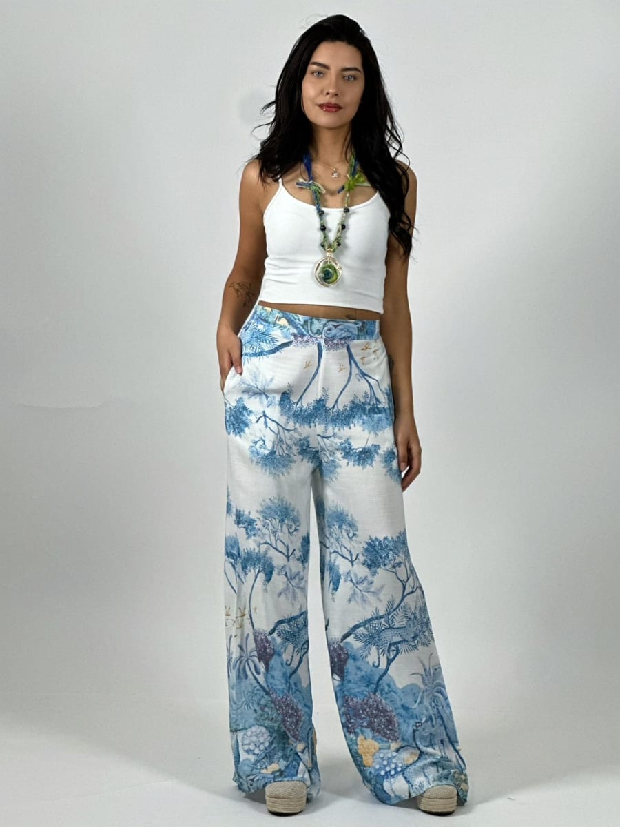 Palazzo Casual Italiano Lino Estampado Silvestre A4-892