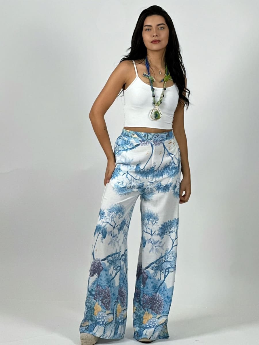 Palazzo Casual Italiano Lino Estampado Silvestre A4-891