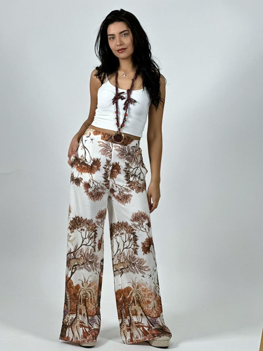 Palazzo Casual Italiano Lino Estampado Silvestre A4-898