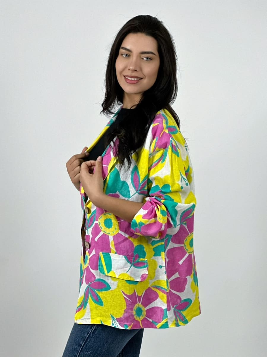 Blazer Italiano Casual Lino Flores Coloridas A1-123