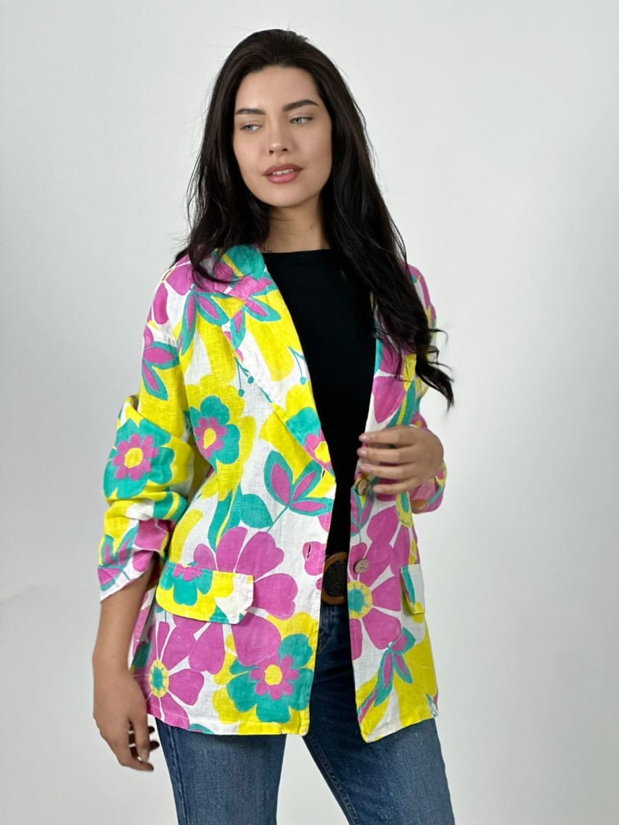 Blazer Italiano Casual Lino Flores Coloridas A1-121