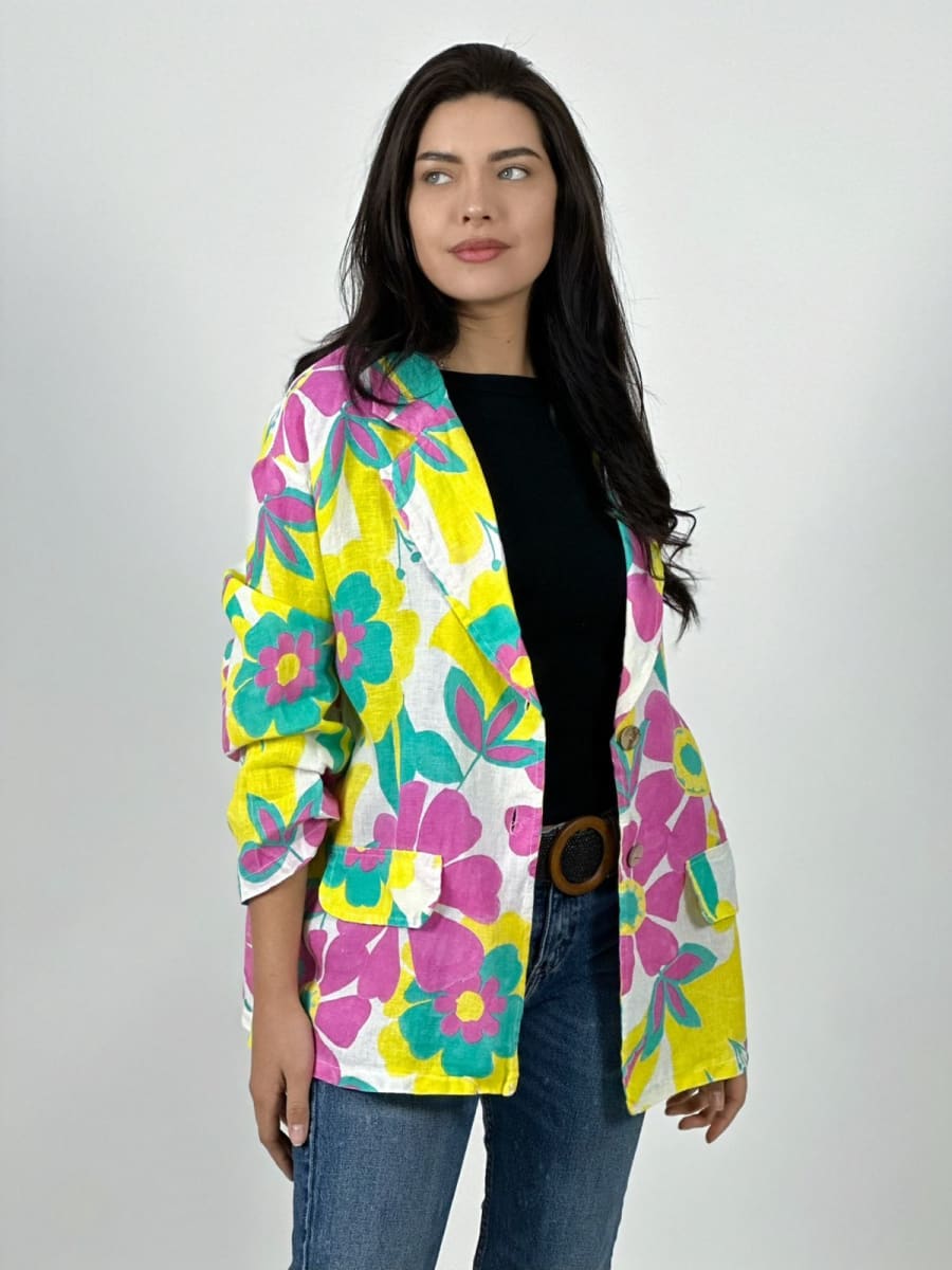 Blazer Italiano Casual Lino Flores Coloridas A1-122
