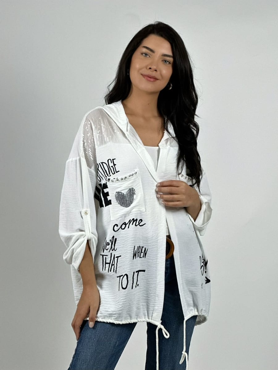 Poleron Crepe Hombros Brillantes Letras Estampadas A2-596