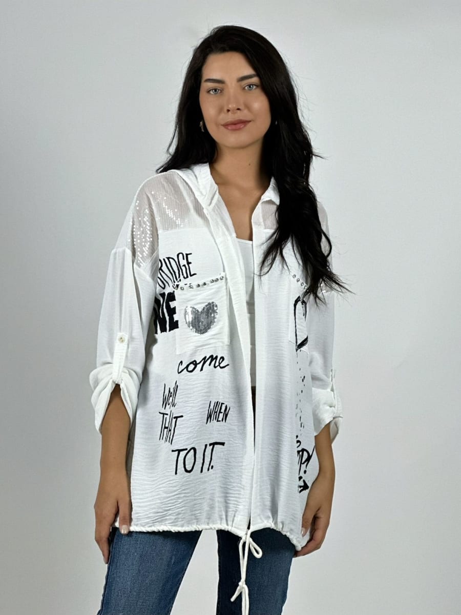 Poleron Crepe Hombros Brillantes Letras Estampadas A2-595