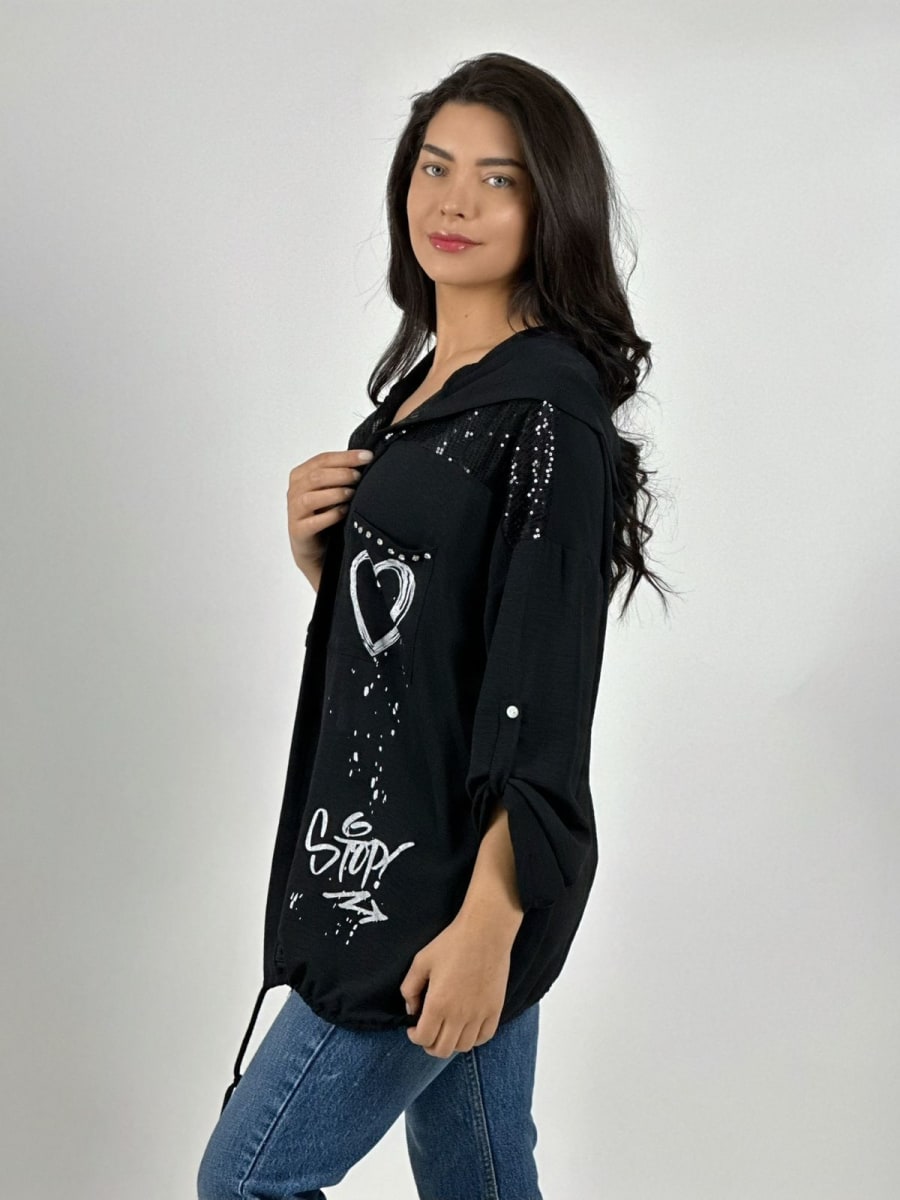 Poleron Crepe Hombros Brillantes Letras Estampadas A2-5915