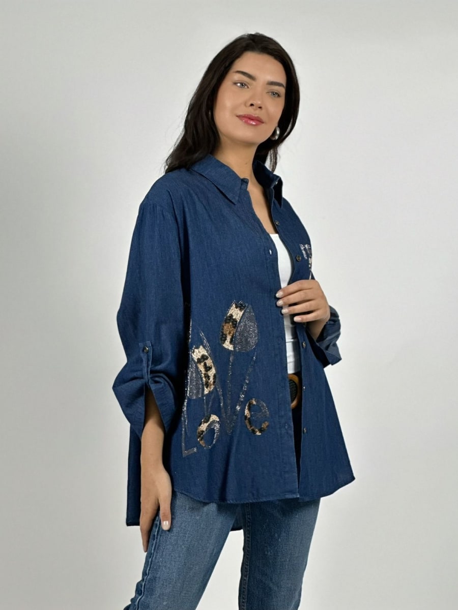 Blusa Mezclilla TEDDY Osito y Flores Print/Brillo A2-564