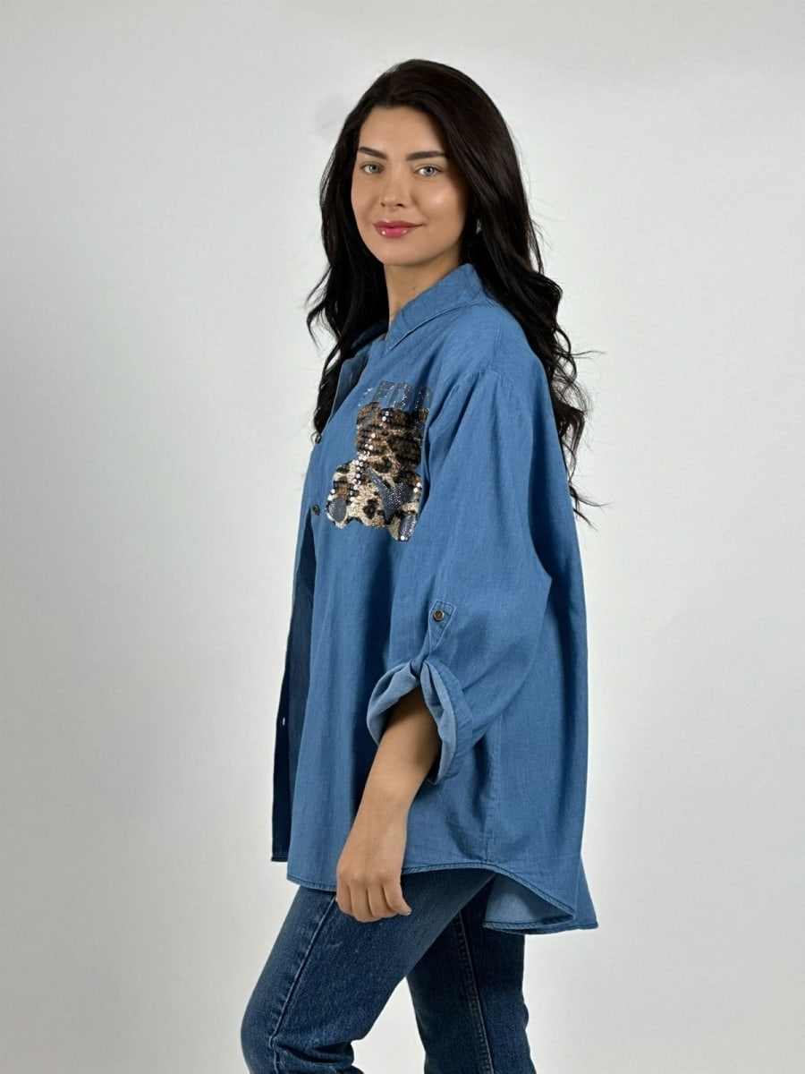Blusa Mezclilla TEDDY Osito y Flores Print/Brillo A2-562