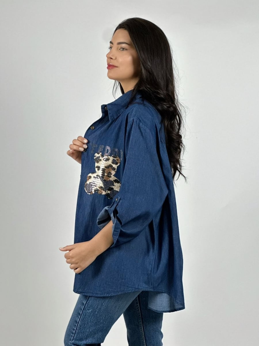Blusa Mezclilla TEDDY Osito y Flores Print/Brillo A2-565