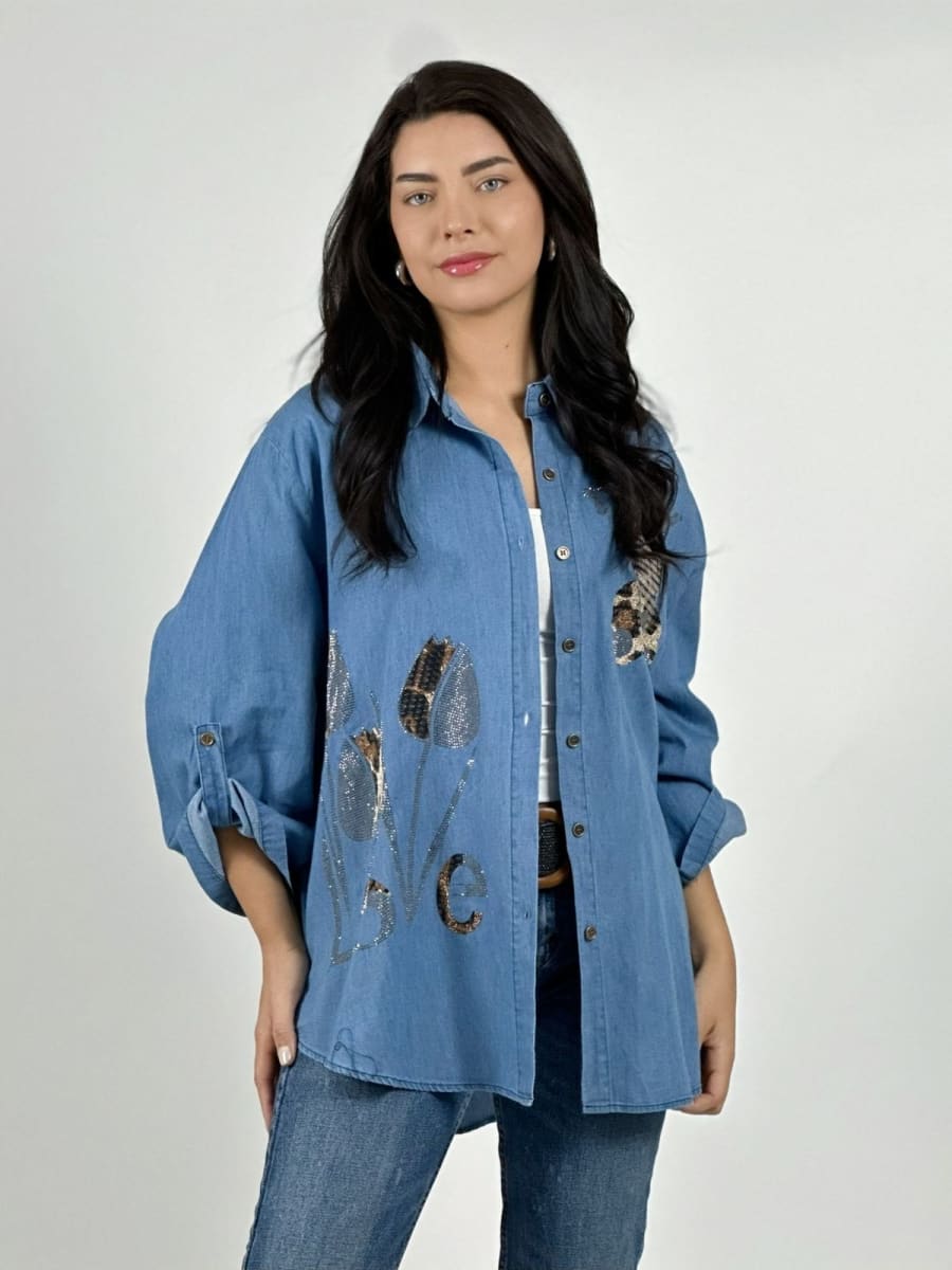 Blusa Mezclilla TEDDY Osito y Flores Print/Brillo A2-561