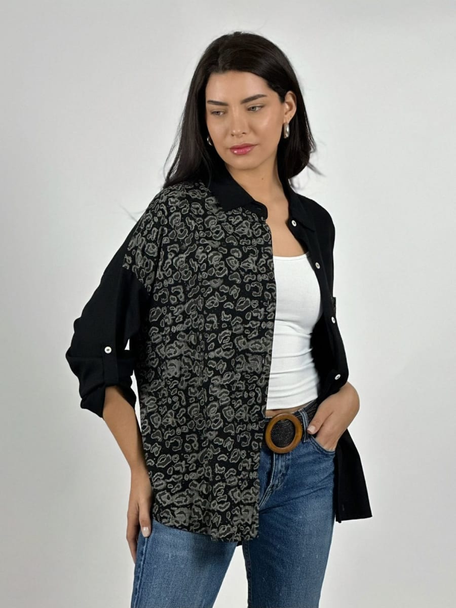 Blusa Casual Lino Mitad Print y Bolsillo A2-561