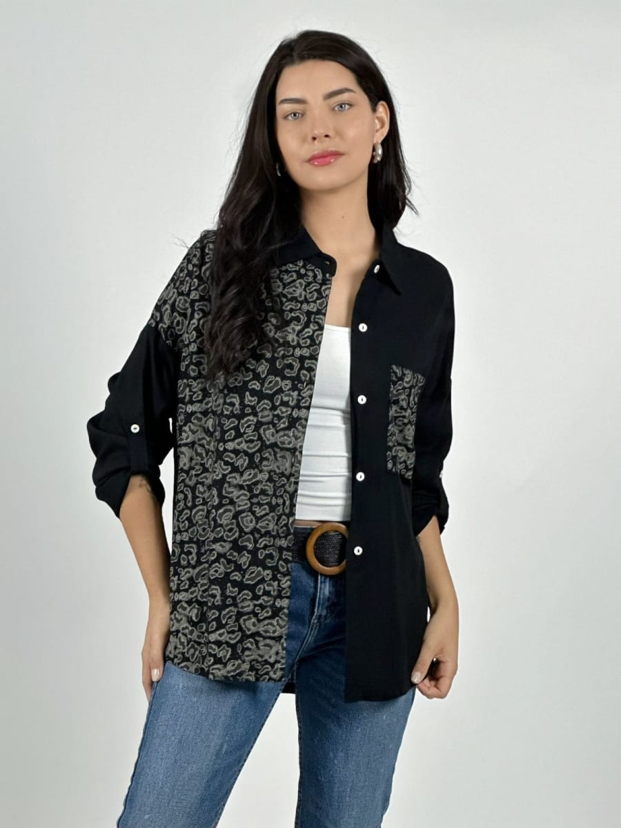 Blusa Casual Lino Mitad Print y Bolsillo A2-562