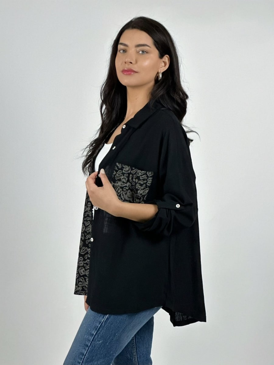 Blusa Casual Lino Mitad Print y Bolsillo A2-563