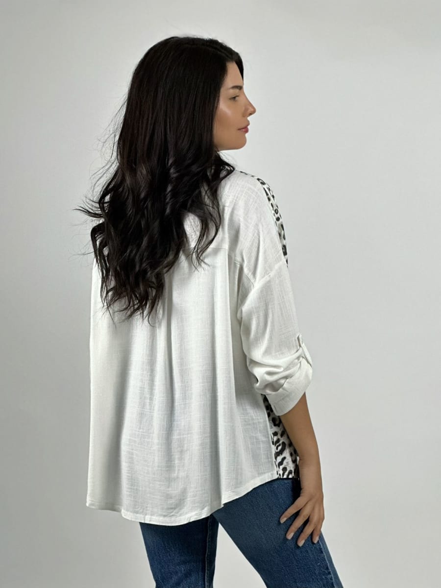 Blusa Casual Lino Mitad Print y Bolsillo A2-566
