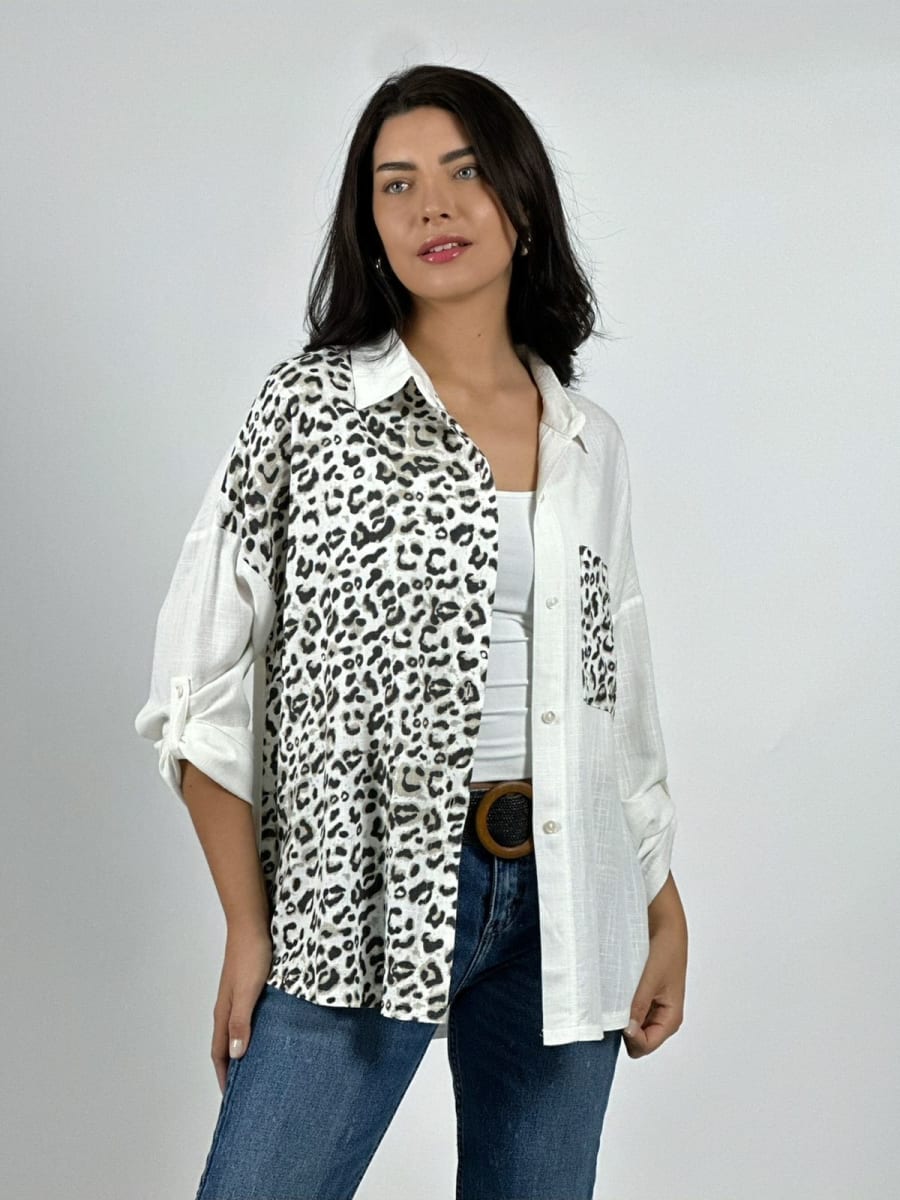Blusa Casual Lino Mitad Print y Bolsillo A2-565