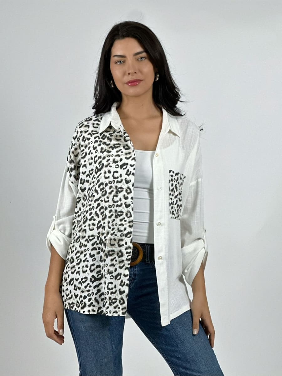 Blusa Casual Lino Mitad Print y Bolsillo A2-564