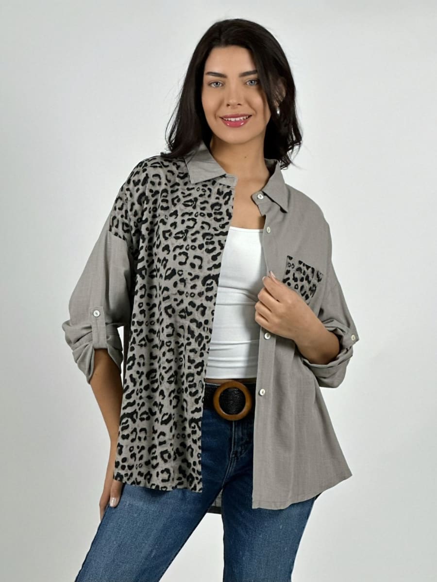 Blusa Casual Lino Mitad Print y Bolsillo A2-567