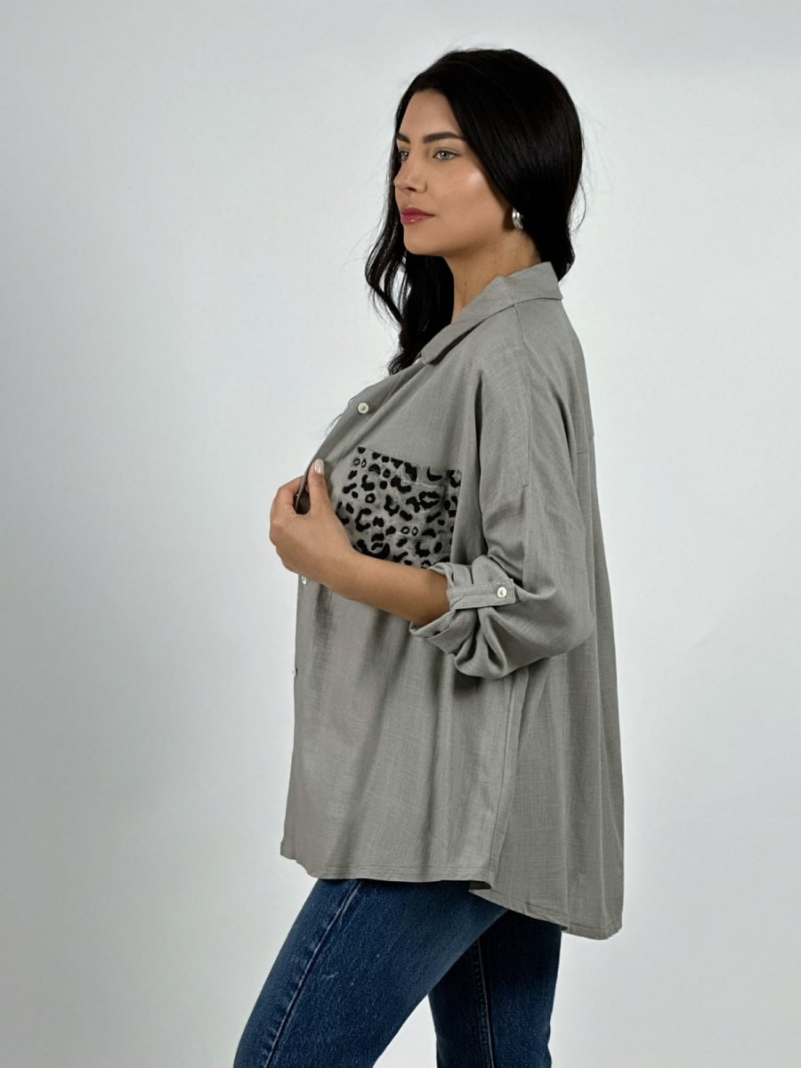Blusa Casual Lino Mitad Print y Bolsillo A2-568