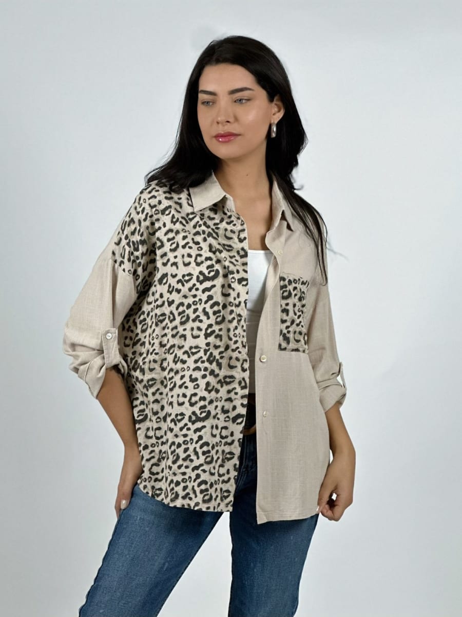 Blusa Casual Lino Mitad Print y Bolsillo A2-569