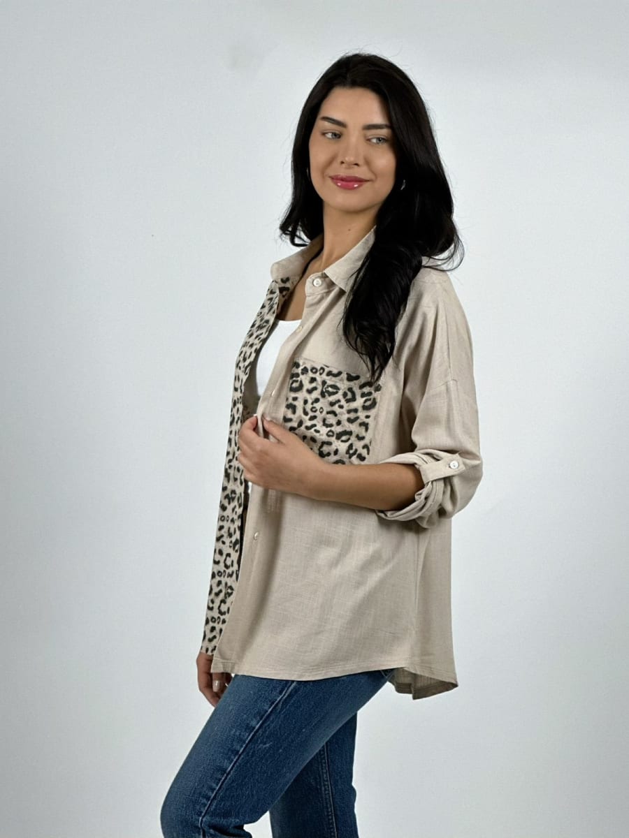 Blusa Casual Lino Mitad Print y Bolsillo A2-5610