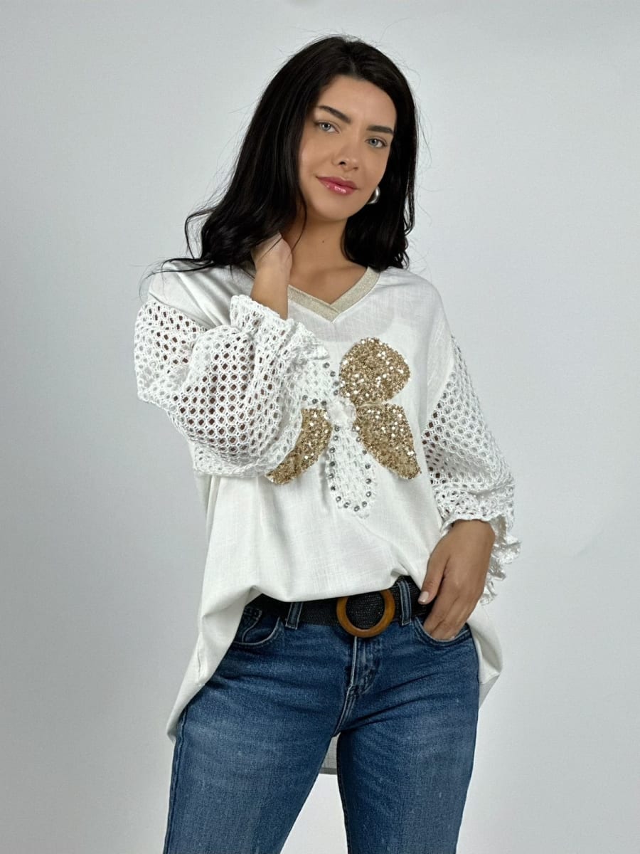 Polera Lino Mangas Tejidas y Flor con Brillos A2-5710