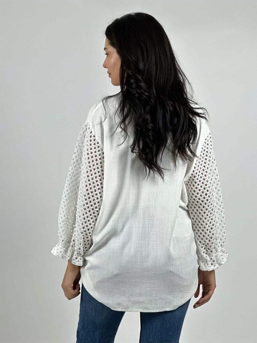 Polera Lino Mangas Tejidas y Flor con Brillos A2-5713