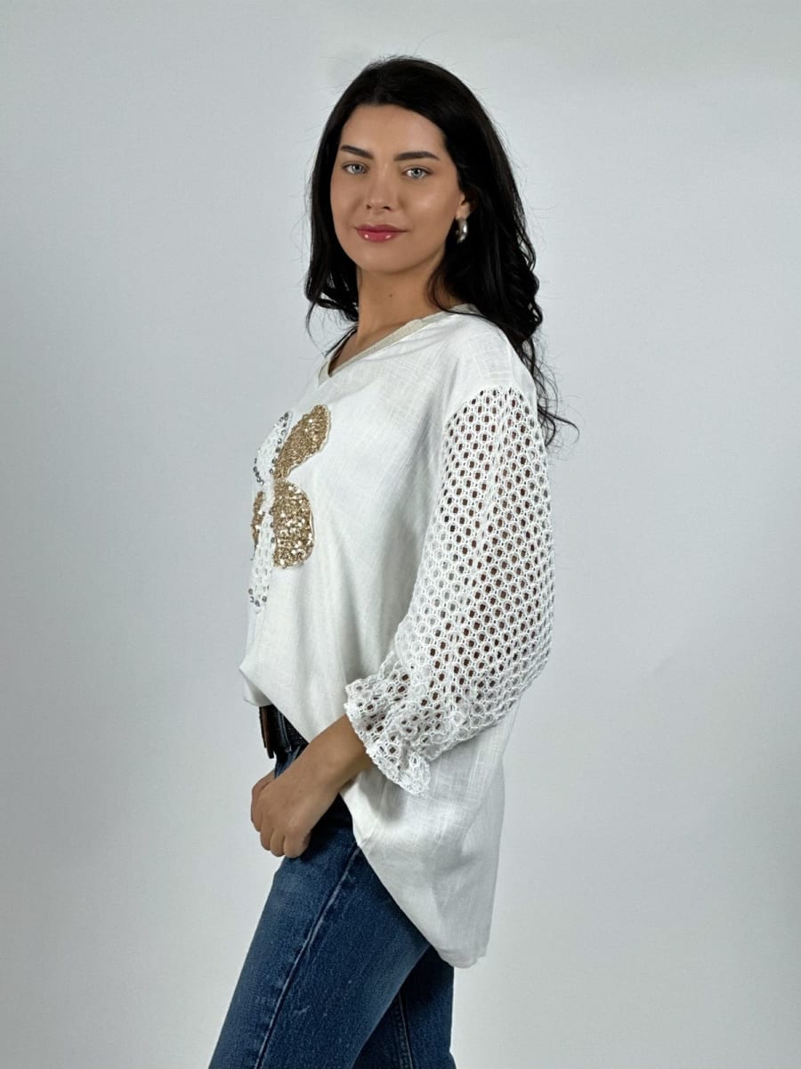 Polera Lino Mangas Tejidas y Flor con Brillos A2-5712