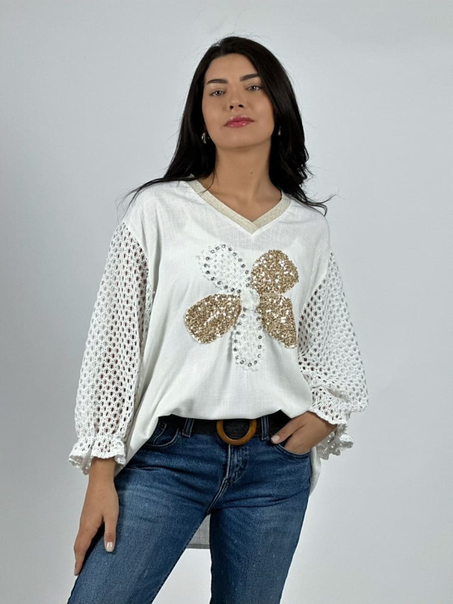 Polera Lino Mangas Tejidas y Flor con Brillos A2-5711