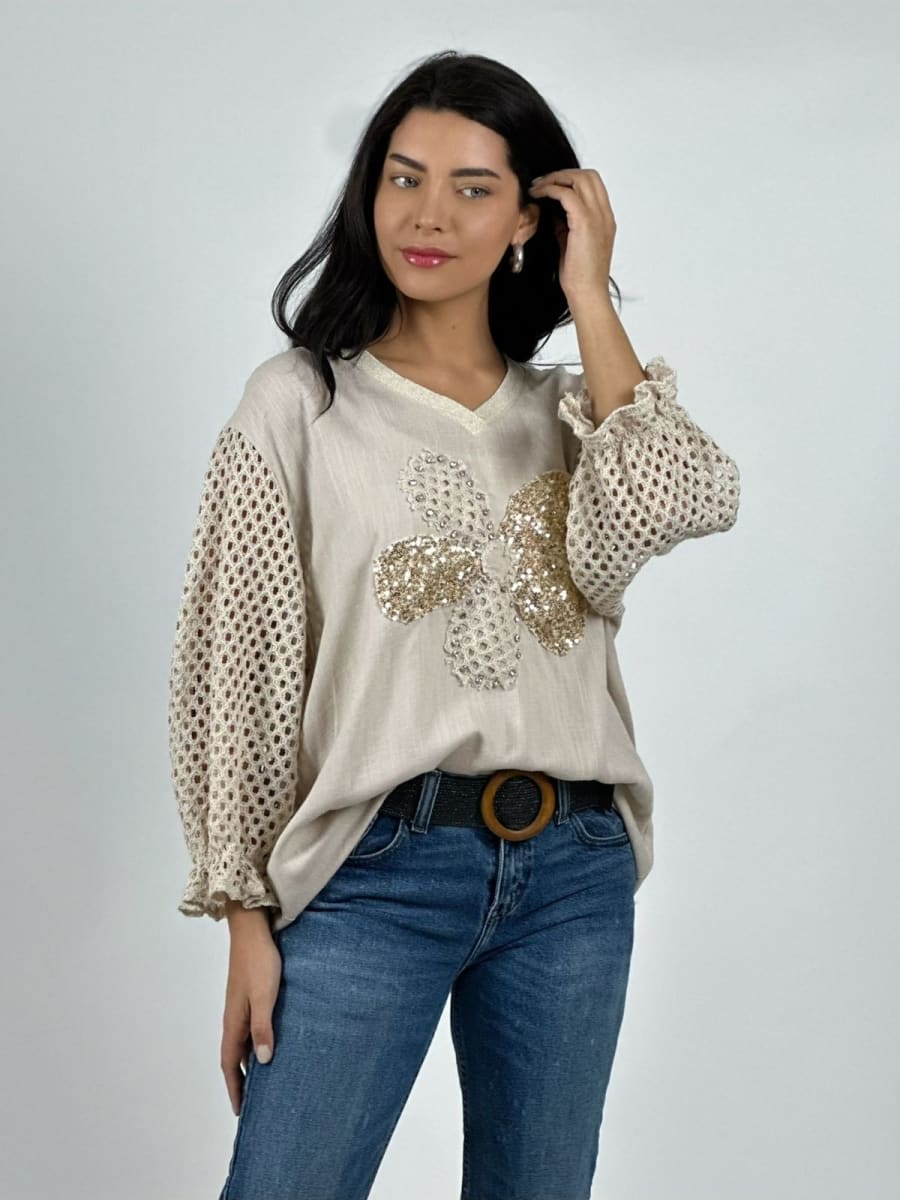 Polera Lino Mangas Tejidas y Flor con Brillos A2-571