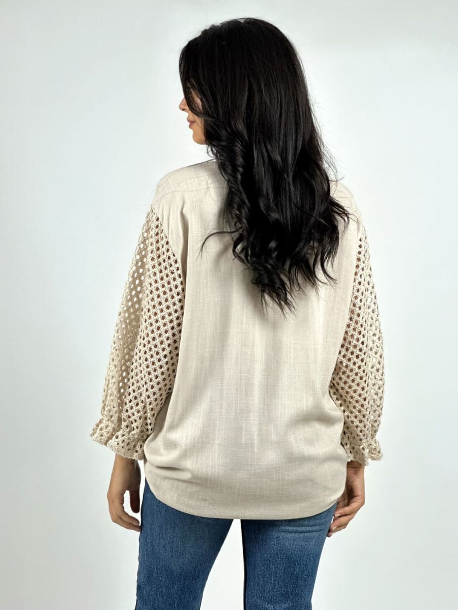 Polera Lino Mangas Tejidas y Flor con Brillos A2-573