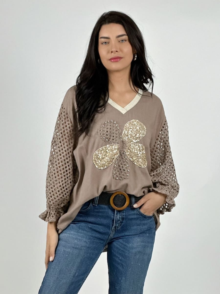 Polera Lino Mangas Tejidas y Flor con Brillos A2-574