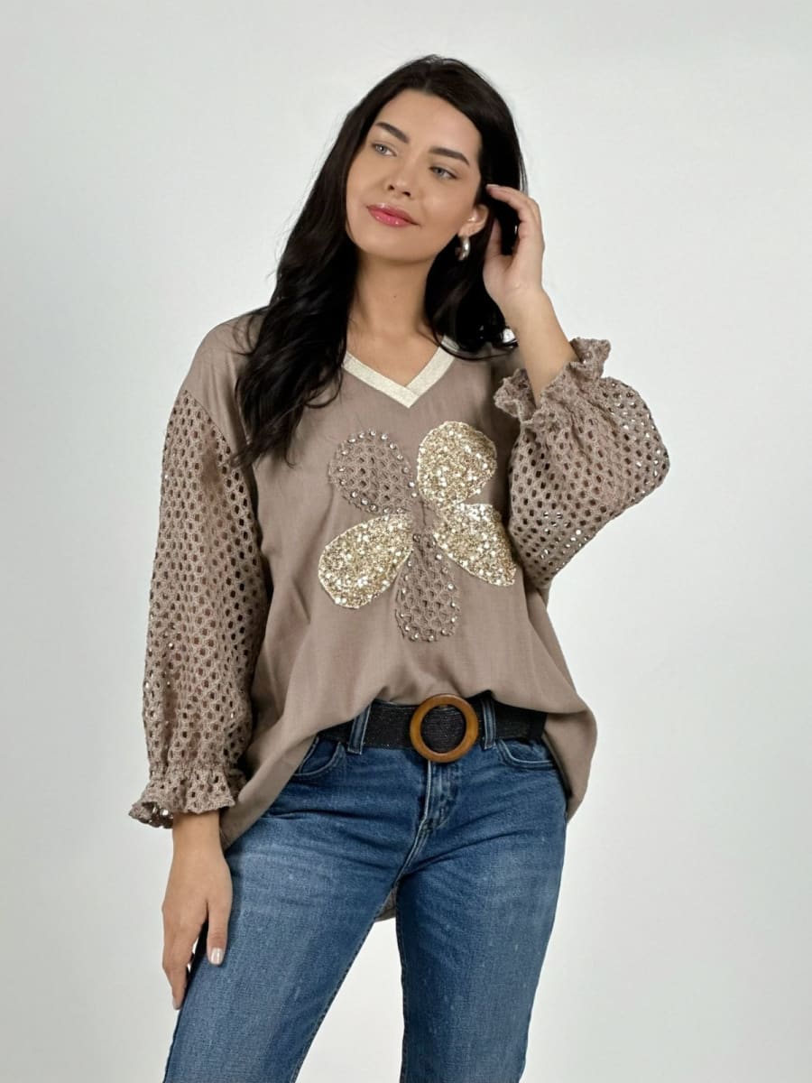 Polera Lino Mangas Tejidas y Flor con Brillos A2-575