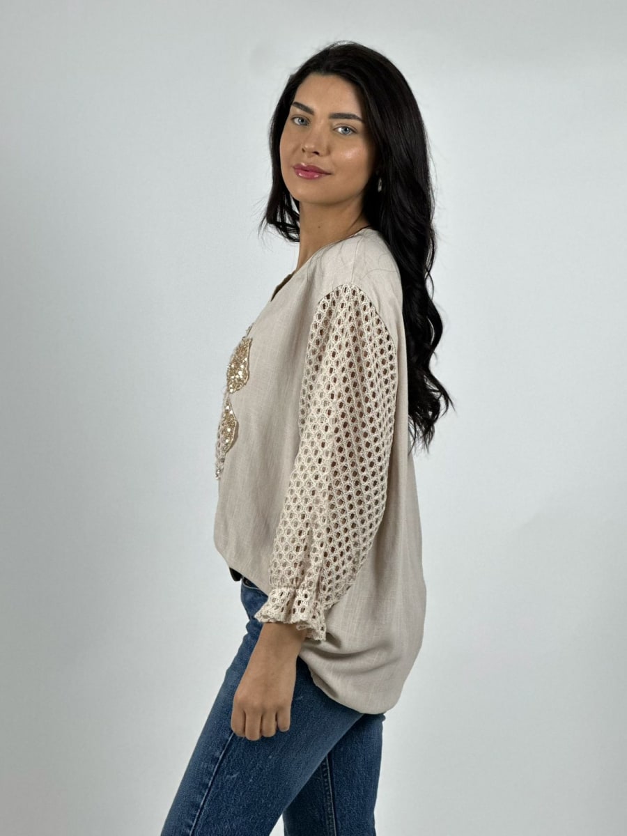 Polera Lino Mangas Tejidas y Flor con Brillos A2-572