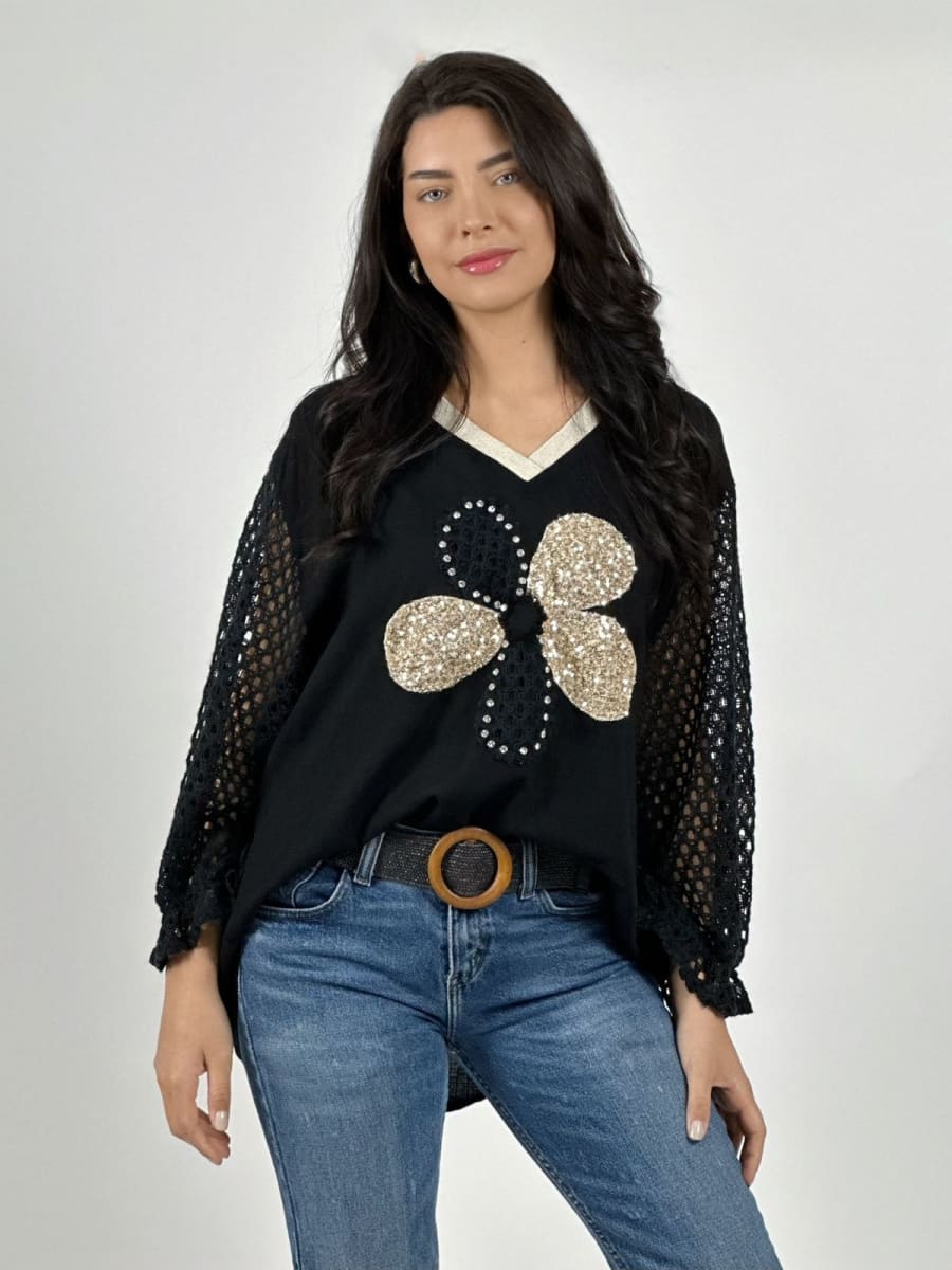 Polera Lino Mangas Tejidas y Flor con Brillos A2-577