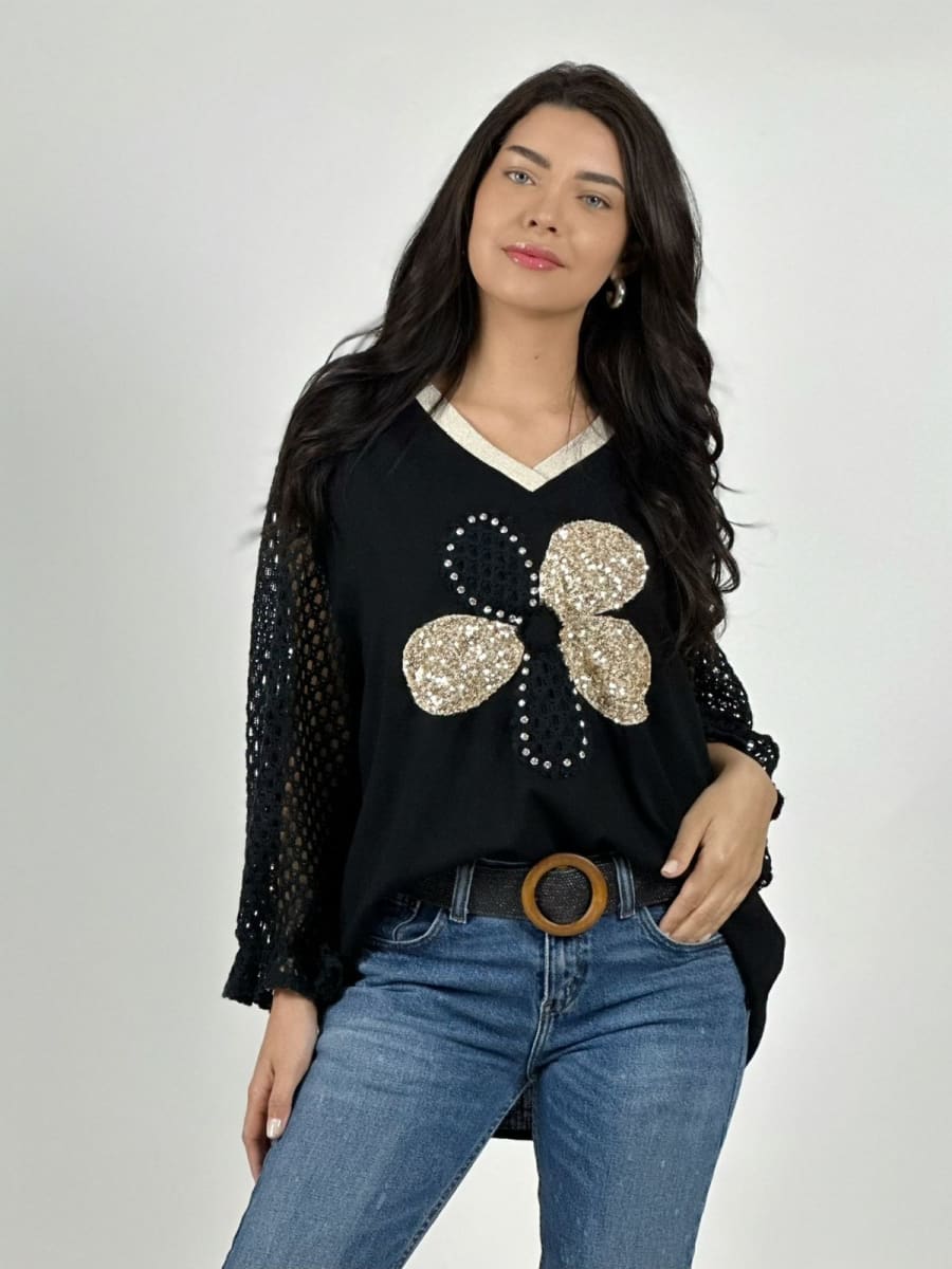 Polera Lino Mangas Tejidas y Flor con Brillos A2-578