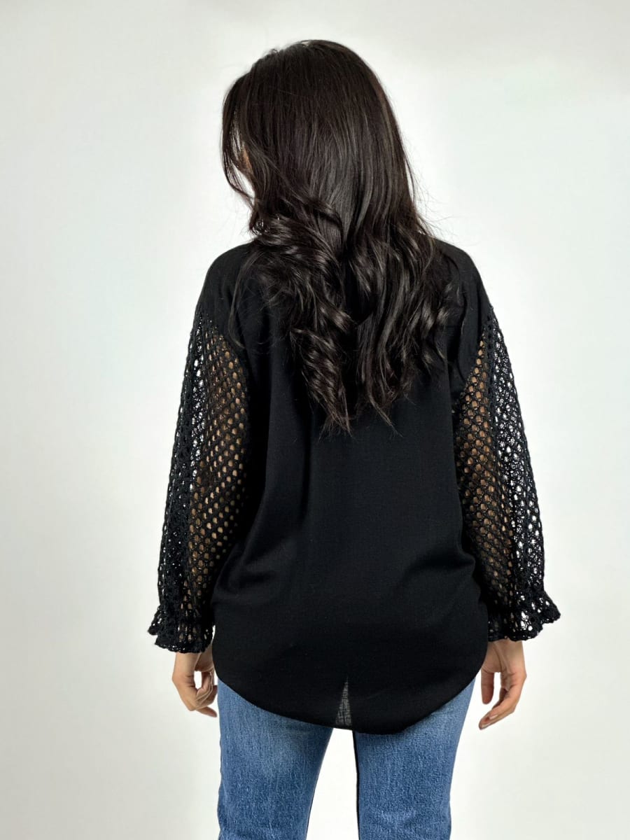 Polera Lino Mangas Tejidas y Flor con Brillos A2-579