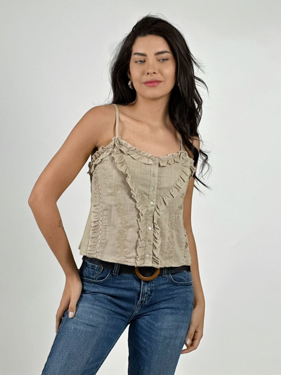 Polera Top Lino Bordado con Botones A2-586