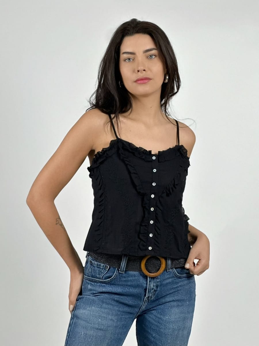 Polera Top Lino Bordado con Botones A2-589